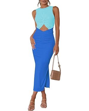 Ceuplon Women's Summer Bodycon Dresses Casual Crew Neck Side Slit Sleeveless Ribbed Cut Out Tank ... | Amazon (US)