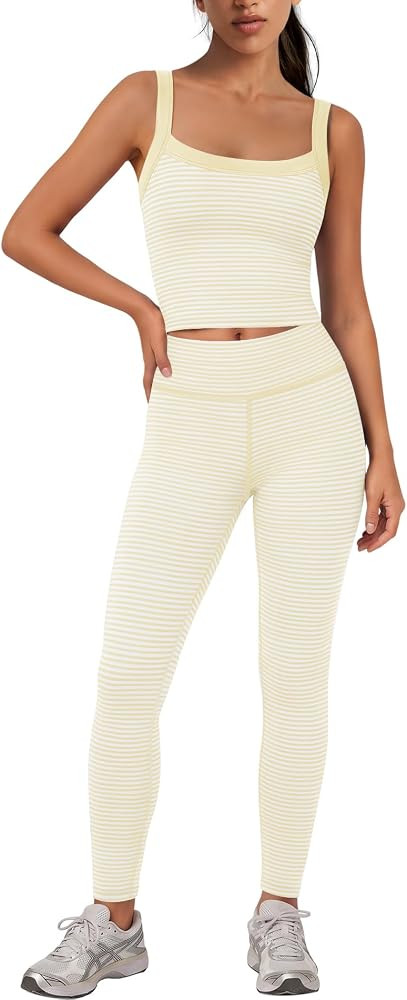Panadila Striped Workout Set 2 Piece Yoga Set Padded Tank Tops and Leggings | Amazon (US)