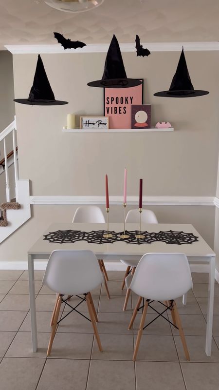 Halloween decor idea with hanging witch hats, for dining room or any space 
Spider web table runner from target 

#LTKHoliday #LTKSeasonal #LTKHalloween