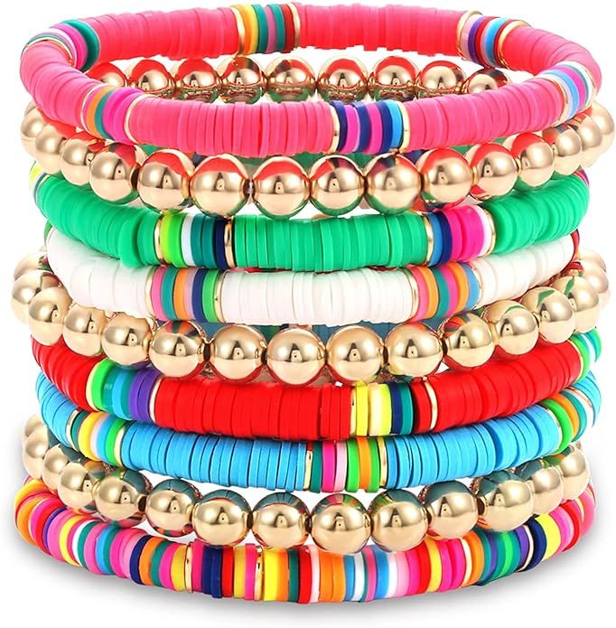 FAERLIIRY Preppy Beaded Bracelets Heishi Stretch Bracelet for Woman Girls Teens Evil Eye Polymer ... | Amazon (US)
