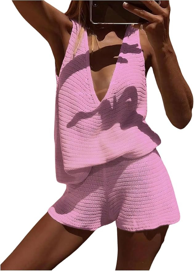 MakeMeChic Women's Summer 2 Piece Sets Deep V Neck Knit Tank Tops Mini Shorts Set Beach Vacation ... | Amazon (US)