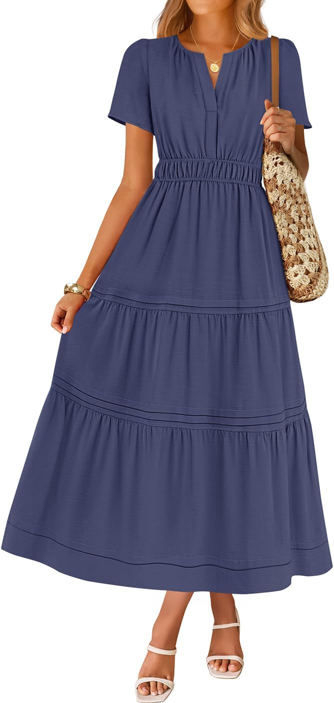 ZESICA Women's Summer Casual Short Sleeve Midi Dresses 2025 V Neck Elastic Waist Tiered Flowy Boh... | Amazon (US)