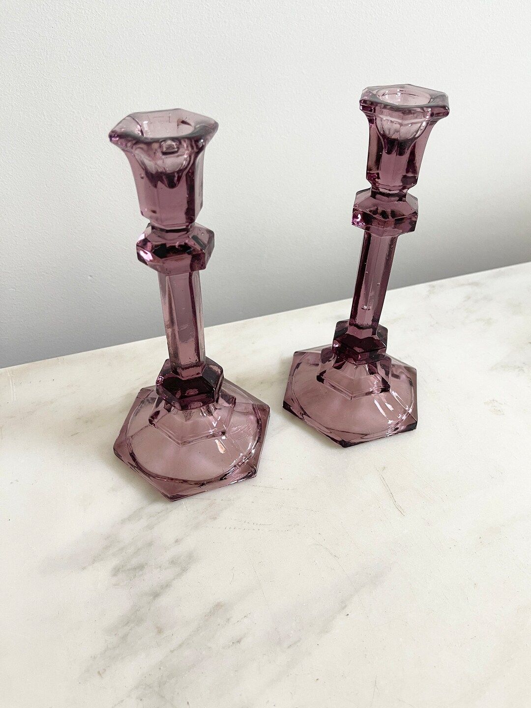 Pair of Vintage Purple/amethyst-colored Glass Candlesticks - Etsy | Etsy (US)