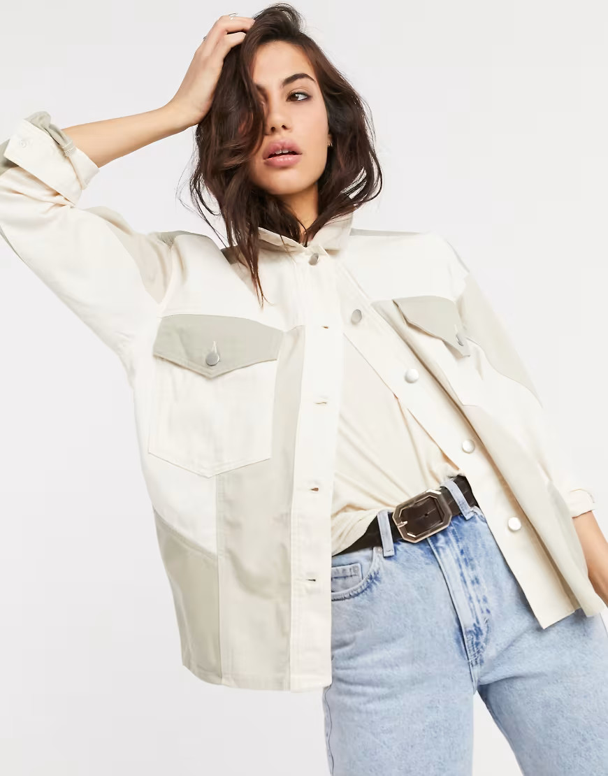 Topshop shacket with contrast pockets in ecru-Cream | ASOS (Global)