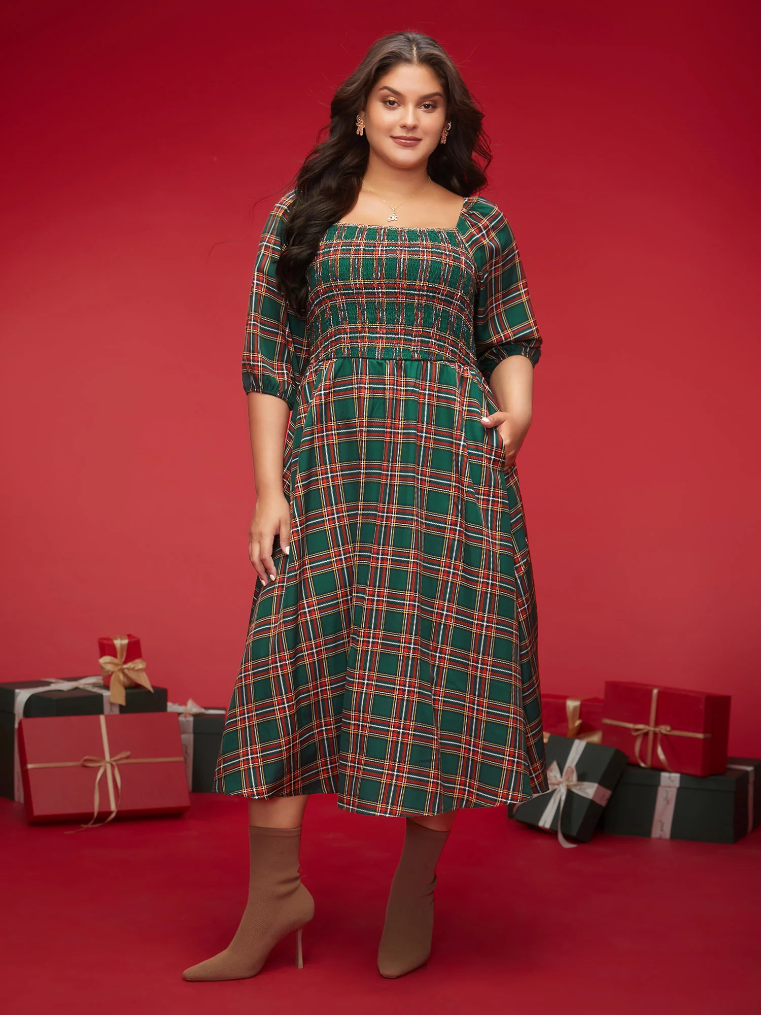 Square Neckline Plaid Smocked Bodice Midi Dress | Bloomchic