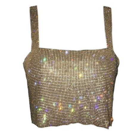 BINYOU Women Glitter Rhinestone Crop Top Metal Diamond Backless Vest Party Clubwear | Walmart (US)