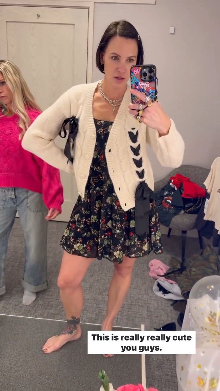 This floral dress is so cute and the perfect length. Love the cream color and detail of this cardigan. My sister is wearing the free people Palmer jeans that I own and love! 

#LTKWatchNow #LTKOver40 #LTKStyleTip