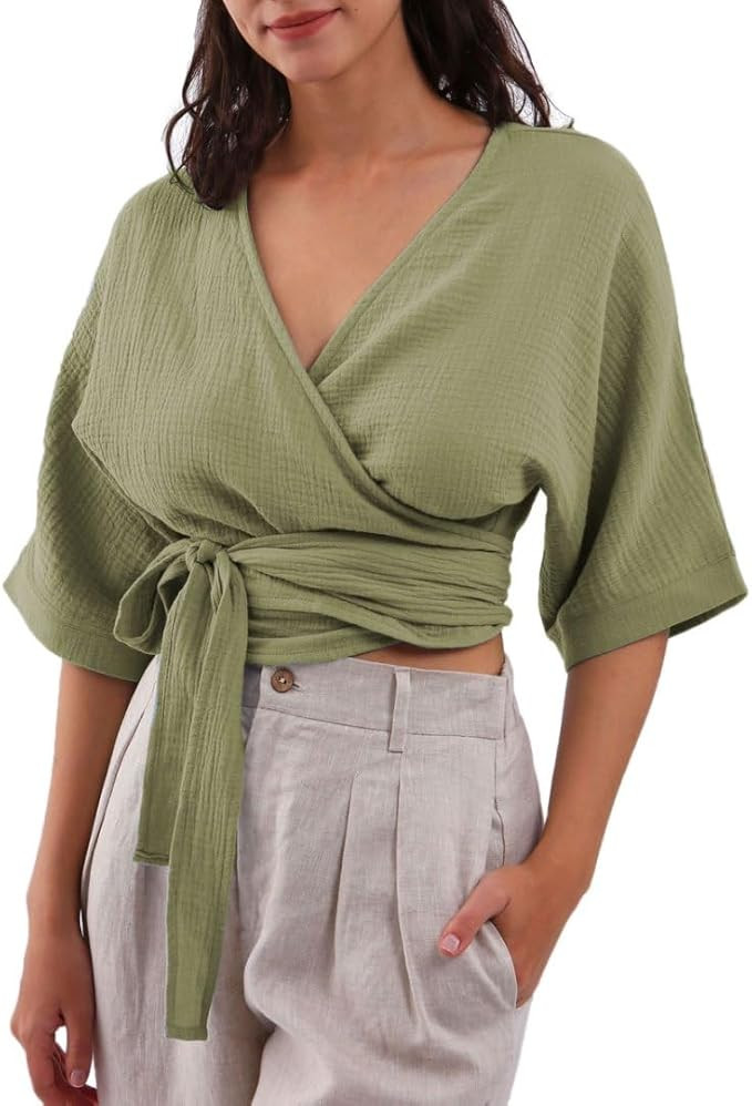 Amazhiyu Womens Summer Short Sleeve Crop Tops Cotton V Neck Self Tie Wrap Blouse | Amazon (US)