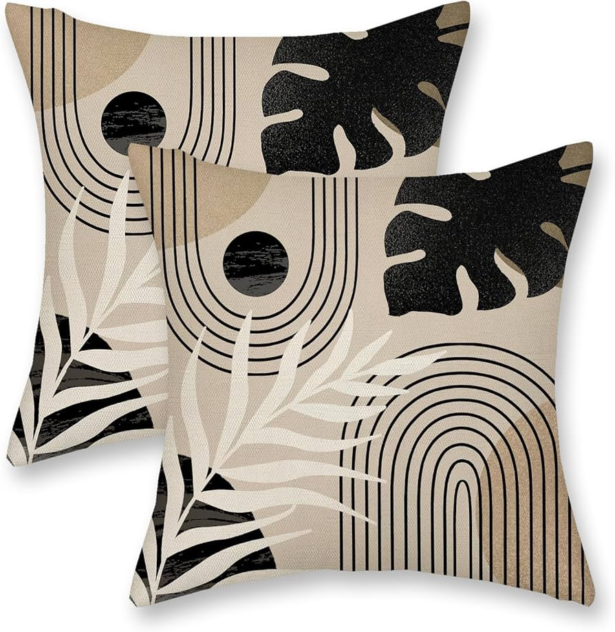 Black Boho Pillow Covers 18x18 Inch 2 Pcs Beige Brown Tropical Leaf Mid Century Summer Outdoor De... | Amazon (US)