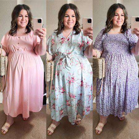 These plus size spring dresses from Amazon stole my heart! I love a pastel moment this time of year. These would be great vacation dresses, graduation dresses, or baby shower dresses! Wearing a 4X in pink but could have sized down, 24 in the blue, and 3X in the purple. Sandals are wide width! 

#LTKcurves #LTKstyletip #LTKunder50