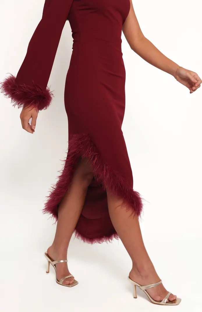 Dame Feather Trim Single Long Sleeve Midi Cocktail Dress | Nordstrom