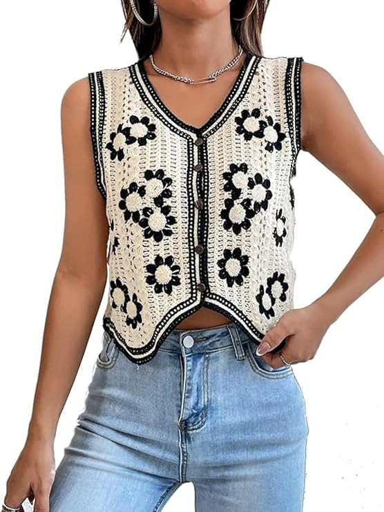 Verdusa Women's Sweater Vest Button Front V Neck Sleeveless Crochet Plaid Checkered Knit Sweater ... | Amazon (US)