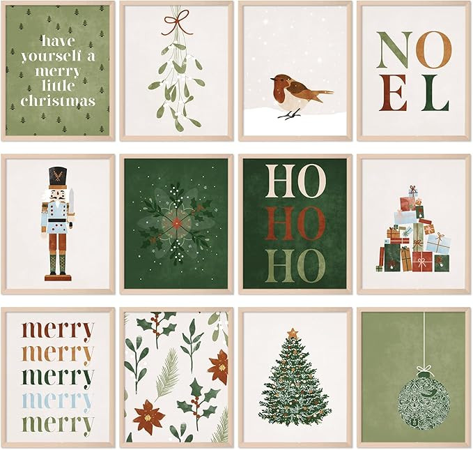 12Pcs 11 x 14 Inch Christmas Boho Wall Art Prints Minimalist Xmas Watercolor Posters Aesthetic Ro... | Amazon (US)