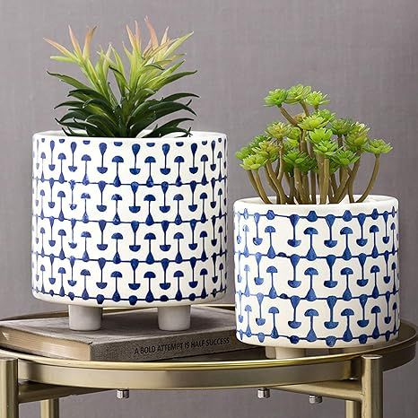 MyGift Blue and White Ceramic Tabletop Flower and Succulent Planter Pots with Feet, Set of 2 | Amazon (US)