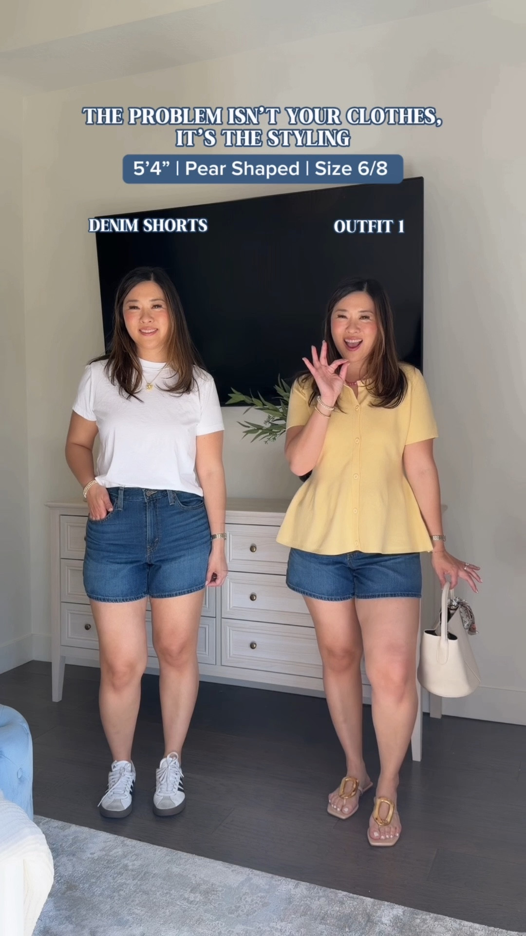 Amazon Shorts Styling
White Tee: Medium
Denim Shorts: 29
Yellow Top: Medium
Striped Tank: Medium
White Button Down: Small