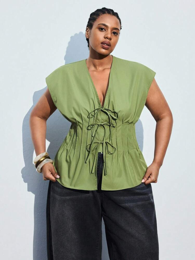 Maija Plus Size Women's 2025 Summer New Arrival Sleeveless Blouse, Wide Shoulder, Slimming Waist, Tie Bow Design, Casual Chic Commuting Versatile Vest Top, Suitable For Daily, Vacation, Music Festival, Beach, Graduation Halloween Christmas National Day Clothes New Year Clothes | SHEIN