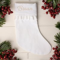 White Christmas Stocking Personalized Elegant White Linen Xmas With Embroidered Name Set | Etsy (US)
