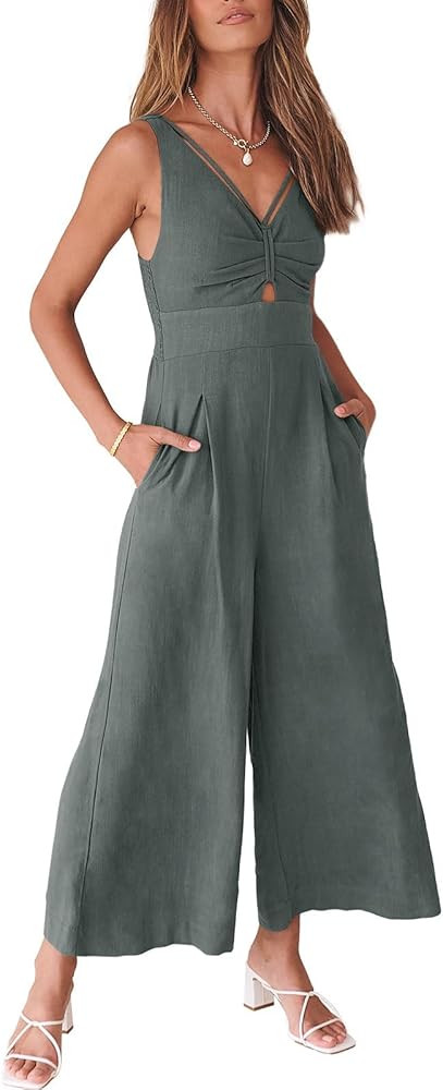 ANRABESS Women's Summer Wide Leg Linen Jumpsuits Dressy V Neck Sleeveless Casual Pants Rompers 20... | Amazon (US)