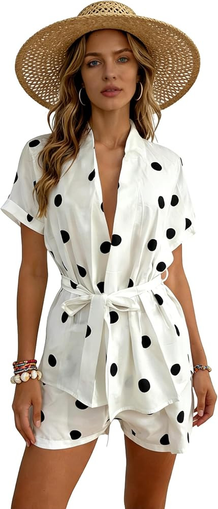 Amazon.com: OCUH Polka Dot Set Kimono Top Wide Leg Drawstring Shorts 2 Piece Lounge Set Women Bea... | Amazon (US)