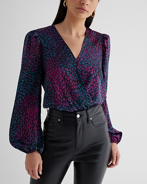 Satin Printed Balloon Sleeve Faux Wrap Front Bodysuit | Express