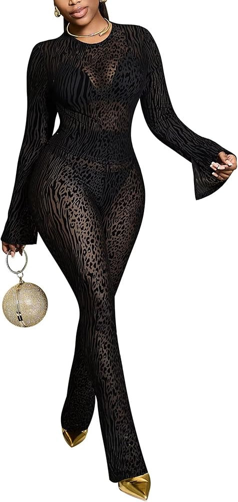 Kafiloe Club Outfits for Women Sexy 2 Piece Sets Going Out Mesh Long Sleeve Crop Top Bodycon Flar... | Amazon (US)