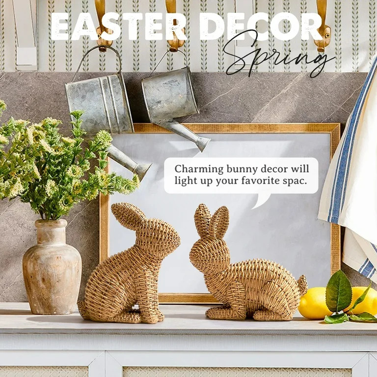 Ayieyill 2 Pcs Easter Rabbit Decor, Easter Rattan Bunny Resin Ornaments for Home Courtyard Tablet... | Walmart (US)