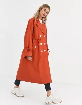 ASOS DESIGN luxe contrast button trench coat in rust | ASOS (Global)