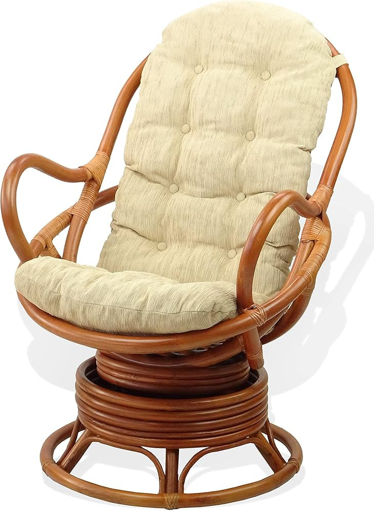 Java Lounge Swivel Rocking Chair with Cream Cushion Natural Rattan Wicker Handmade, Colonial | Amazon (US)