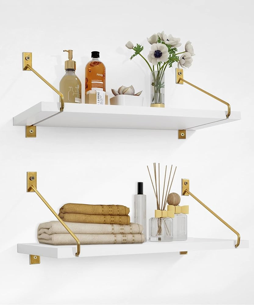 Godimerhea White Floating Shelves for Wall, Set of 2 Wall Mounted Hanging Wood Shelf with Gold Br... | Amazon (US)