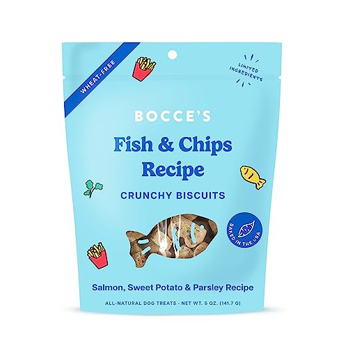 Bocce's Bakery Fish & Chips Treats for Dogs - Special Edition Wheat-Free Dog Treats, Made with Real Ingredients, Baked in The USA, All-Natural Salmon & Sweet Potato Biscuits, 5 oz | Amazon (US)