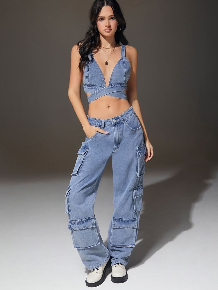 SHEIN Crisscross Tie Back Crop Denim Cami Top And Cargo Jeans Set | SHEIN