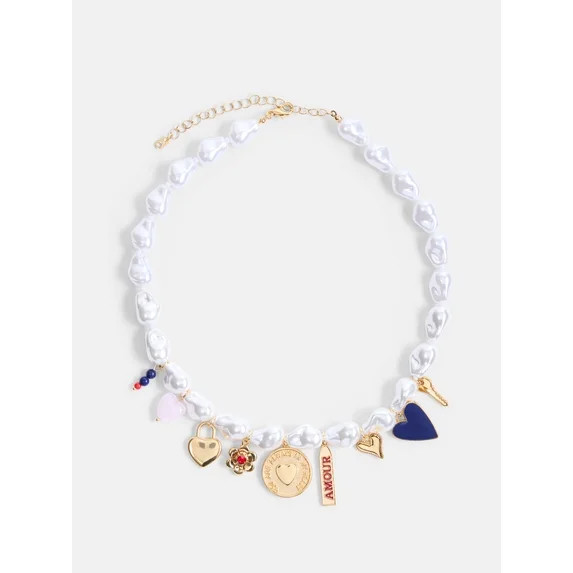 Free Assembly Women's Faux Pearl Charm Necklace, 16" + 3" Extender | Walmart (US)