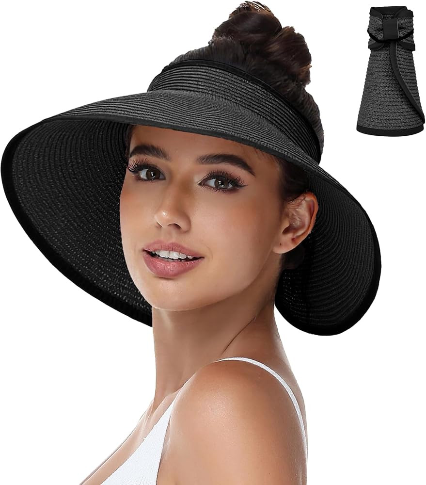 Sun Hats Visor for Women, UV UPF Straw Beach Hat Foldable Wide Brim Ponytail Summer Hats Packable... | Amazon (US)