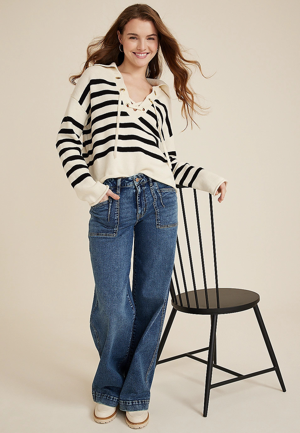Stripe Lace Up Collared Sweater | Maurices