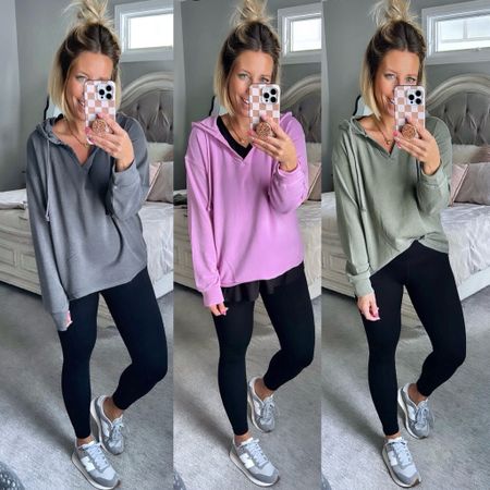 Slit neck terry cloth hoodies on sale $9-$11!!!! I recommend sizing up! Wearing medium! Leggings sized down to XS and shoes are TTS and comfy!!!!

#LTKFindsUnder50 #LTKStyleTip #LTKSaleAlert