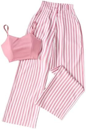 WDIRARA Women's 2 Piece Pants Outfits Crop Camisole Striped Wide Leg Pants Set | Amazon (US)