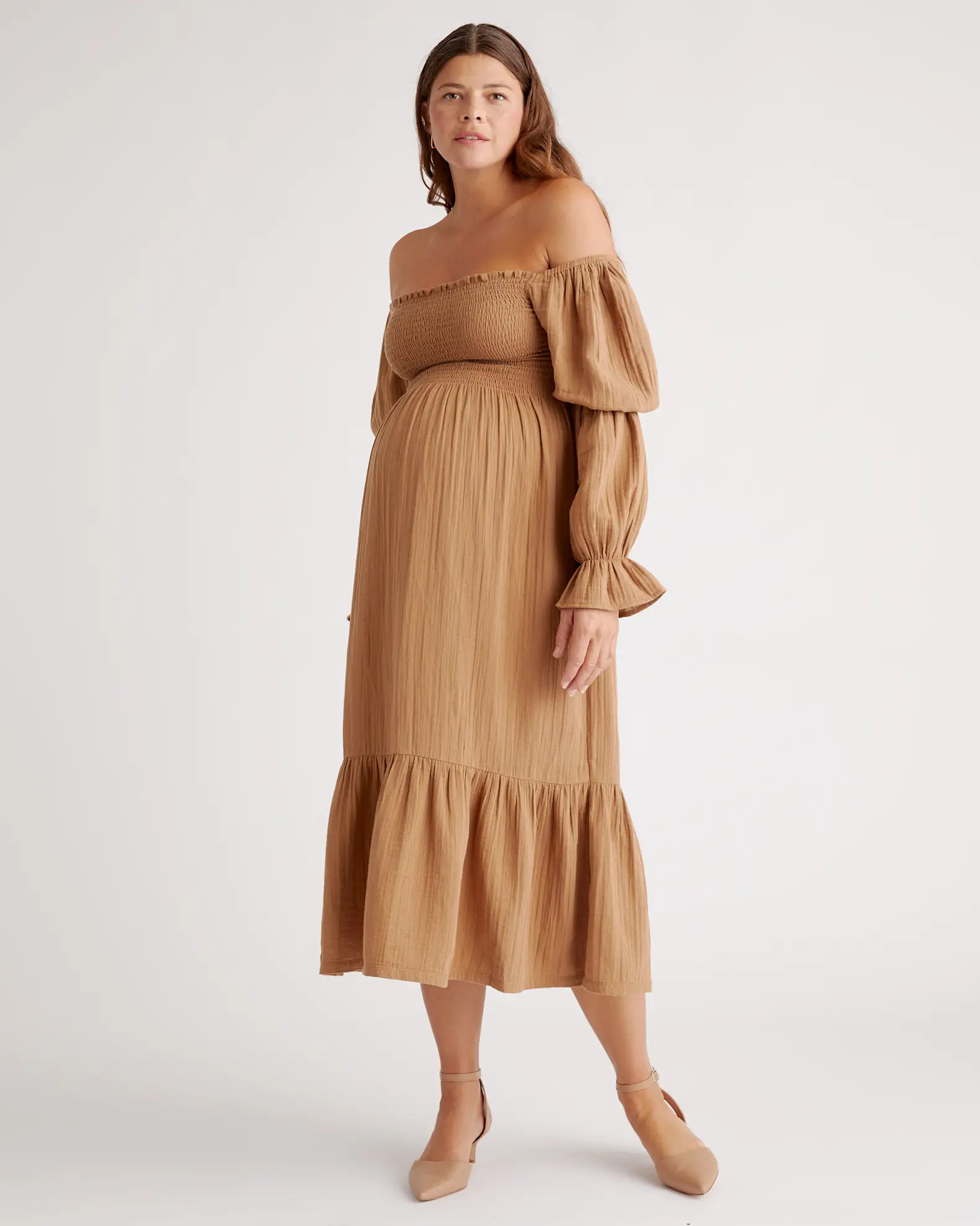 Organic Cotton Gauze Maternity Smocked Ruffle Hem Midi Dress | Quince