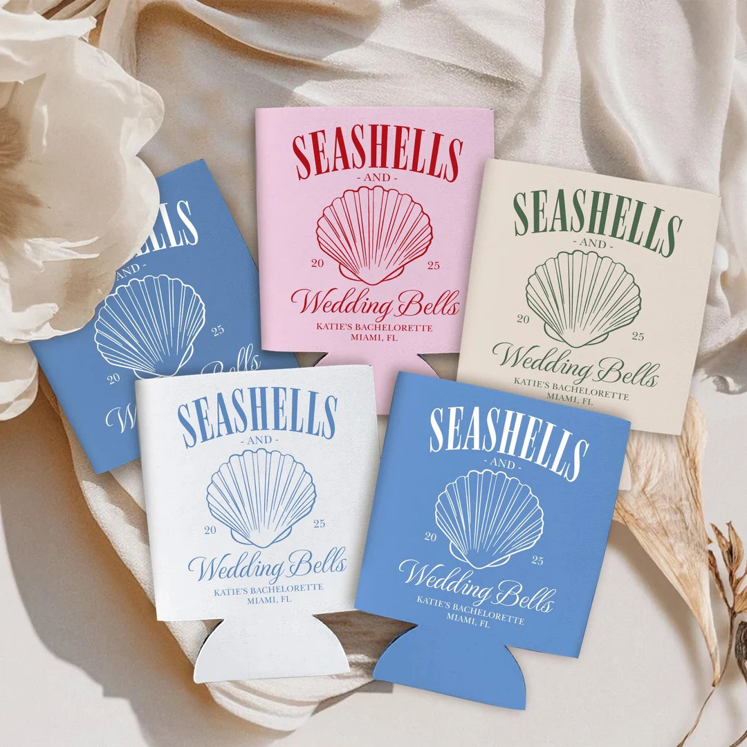 Personalized Bachelorette Party Decor, Custom Seashells and Wedding Bells Bachelorette Can Cooler... | Etsy (US)