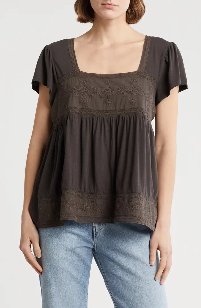 Embroidered Square Neck Cotton & Modal Top | Nordstrom Rack