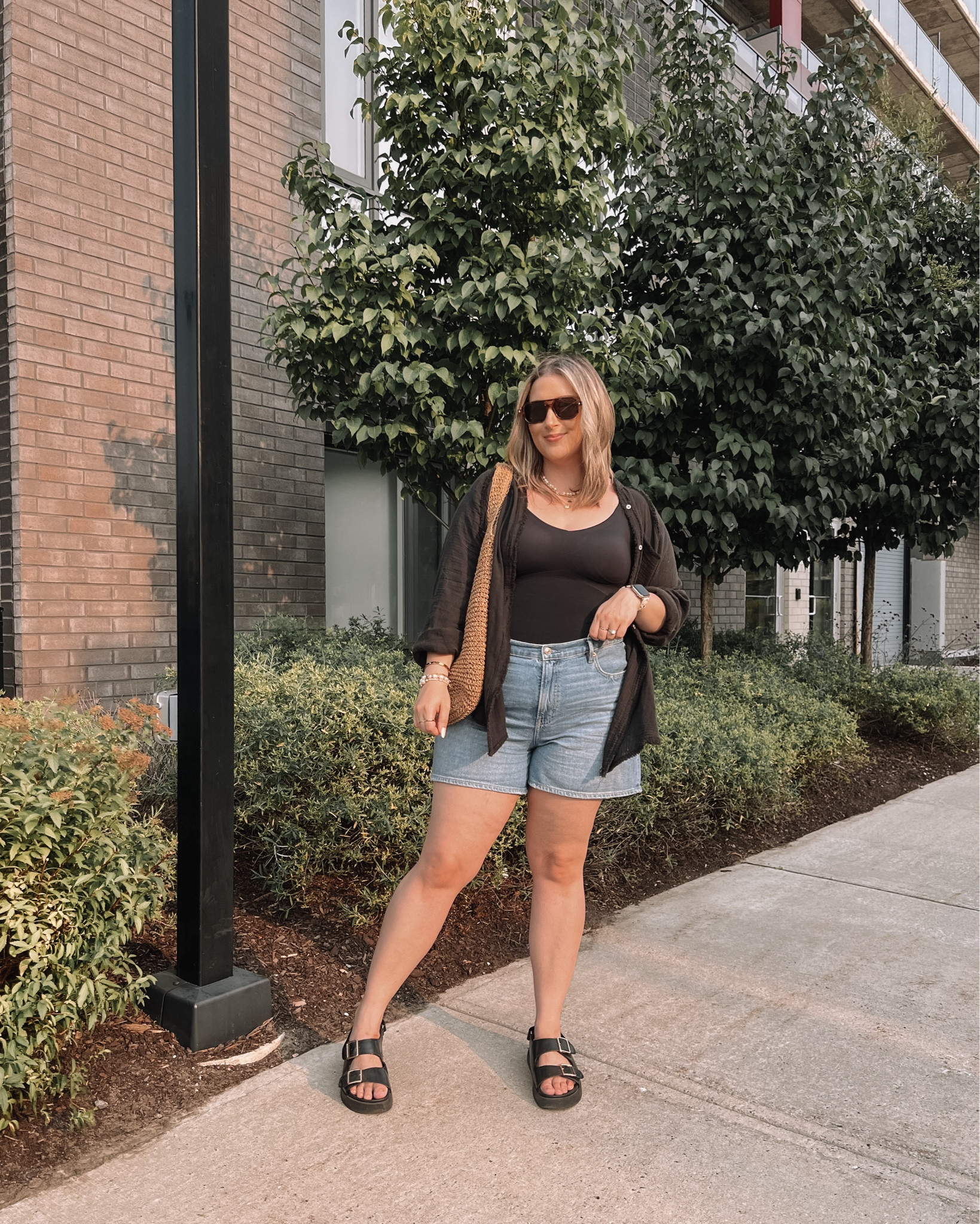 Casual summer outfit - Honeylove shaping tank with built in bra (wearing L, code STYLE.BY.NAYLA), my fave denim dad shorts (sized up to 16 for a baggy fit), black button up (linked similar), Amazon straw tote bag, chunky black sandals (tts)


#LTKsummer #LTKstyletip #LTKmidsize