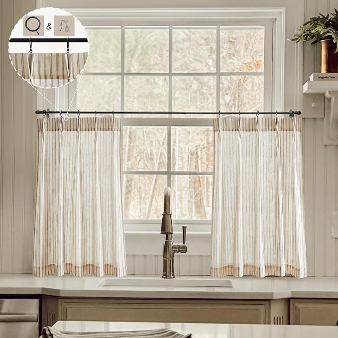 Pinch Pleat Cafe Curtains 24 Inch Length Boho Striped Kitchen Curtain with Hooks Rings for Small ... | Amazon (US)