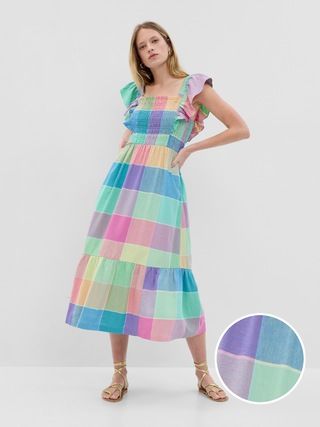 Linen-Blend Flutter Sleeve Smocked Midi Dress | Gap (CA)