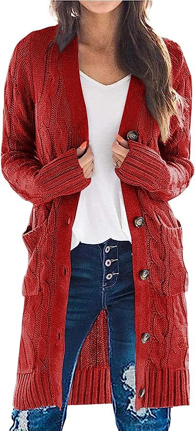 PRETTYGARDEN Women's Long Sleeve Cable Knit Button Down Midi Cardigan Sweater Open Front Chunky K... | Amazon (US)