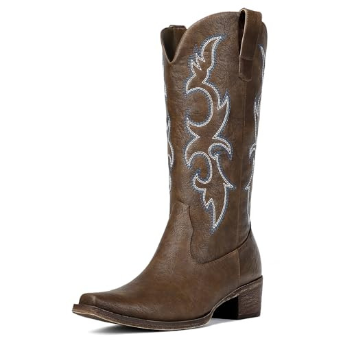 Amazon.com | Choiran Tan Cowboy Boots for Women - Embroidered Cowgirl Boots Western Mid Calf Chun... | Amazon (US)