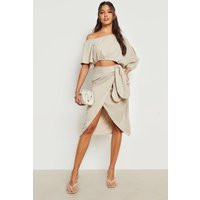 Womens Linen Look Knot Side Midi Skirt - Beige - 4 | boohoo (US & Canada)
