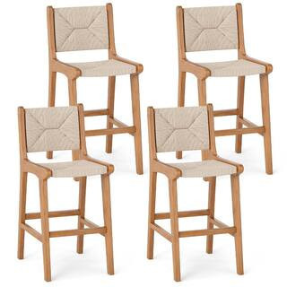 Set of 4 Teak Wood and Woven Paper Rope Counter Height Outdoor Bar Stools, Natural | The Home Depot