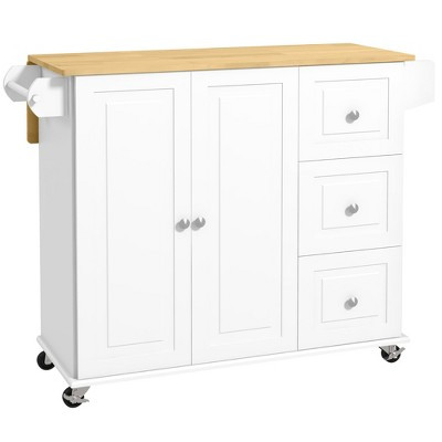 Kitchen Island with Drop Leaf, Rolling Kitchen Cart on Wheels with 3 Drawers, Cabinet, Natural Wood Top, Spice Rack and Towel Rack, White | Target