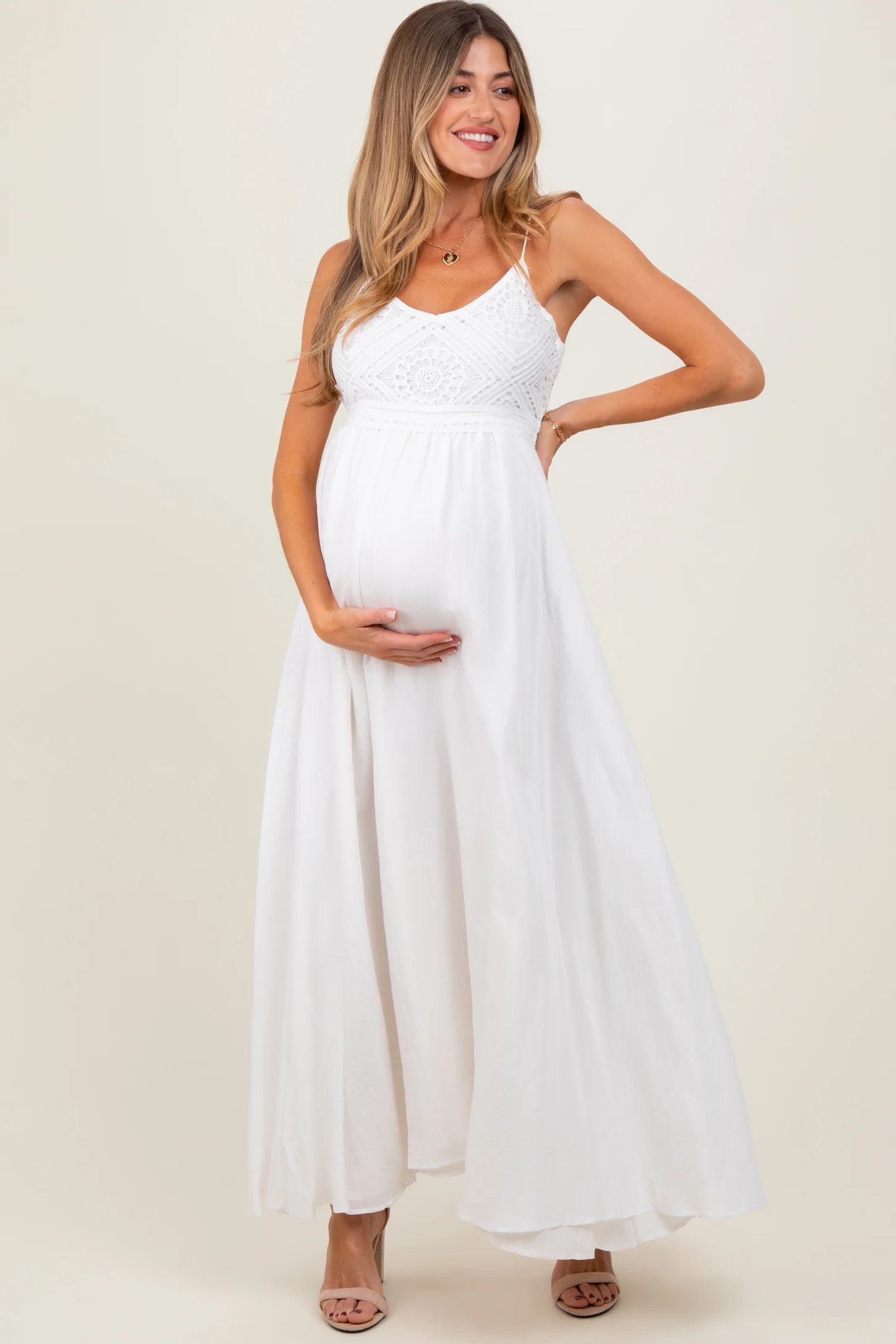 White Crochet Bodice Maternity Maxi Dress | PinkBlush Maternity
