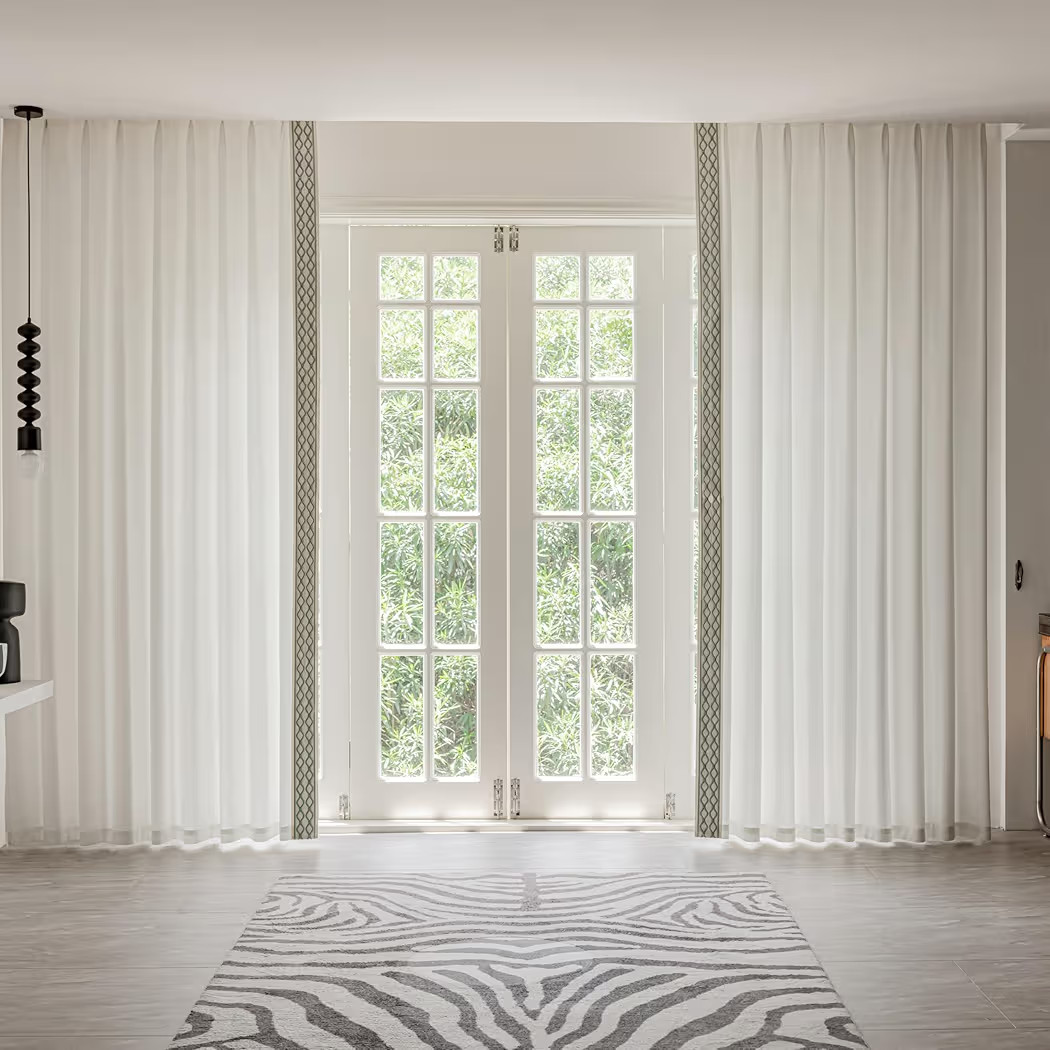 White Colour Linen Curtain Panels with Embroidered Trim Design, Pinch Pleat Curtains, Semi-Sheer ... | Amazon (US)