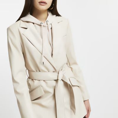 Stone faux leather belted dad blazer | River Island (UK & IE)
